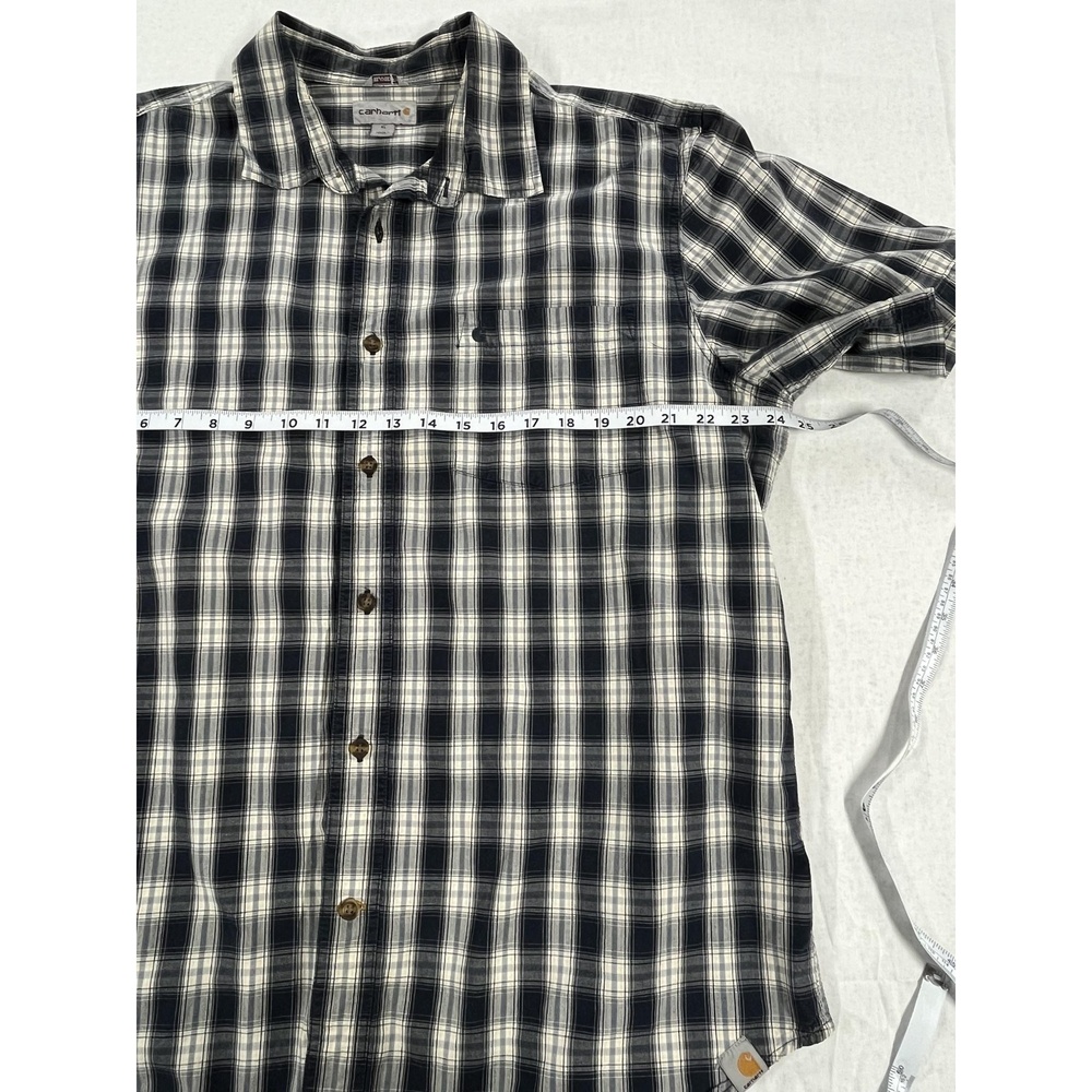 Carhartt Navy Blue White Men's Plaid Button Down Short Sleeve Cotton Shirt XL - Picture 6 of 10
